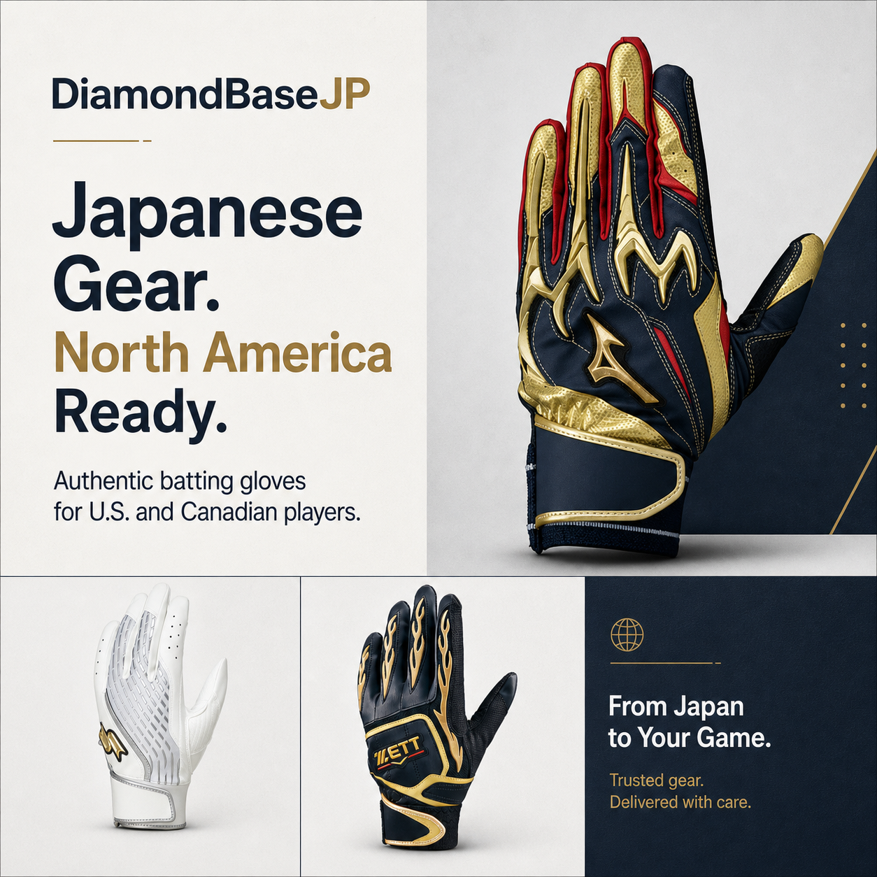 Batsman's gloves with branding and product details on a white background