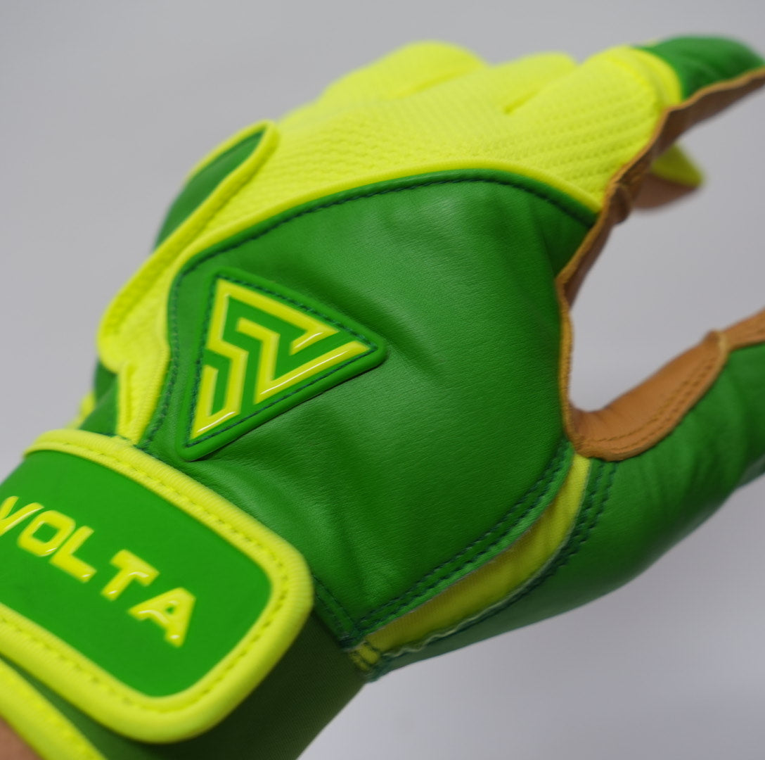 S-VOLTA Premium Cabretta Leather Batting Gloves – Green / Neon Yellow